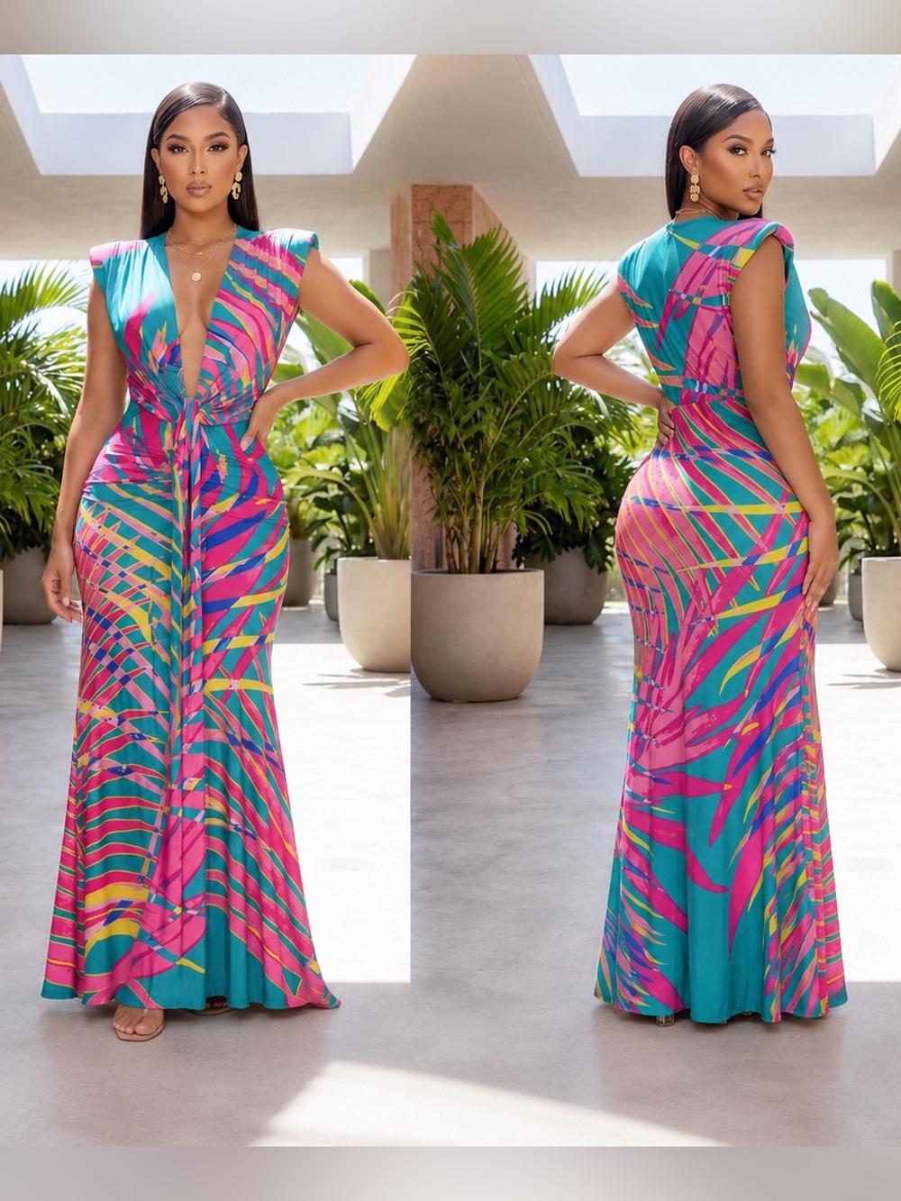 Tropical Teal & Pink Printed Maxi Dress with Tie Waist - Picture 3 of 4